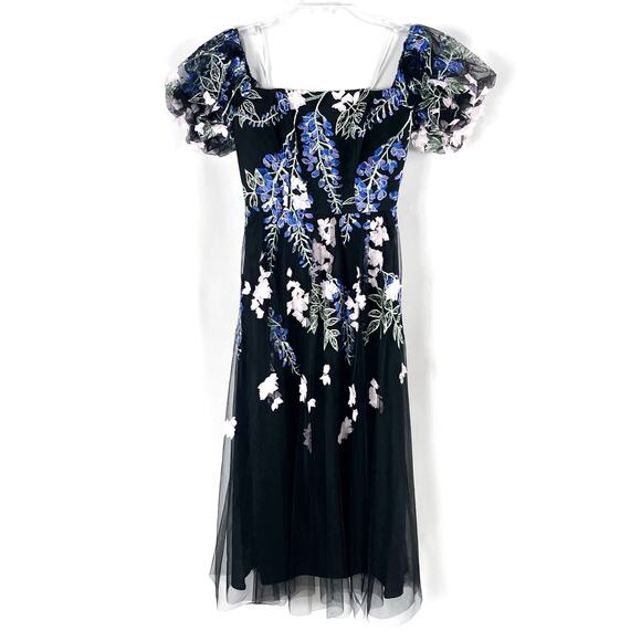 Marchesa Embroidered Tulle Midi Dress Black Blue 3D Floral Off Shoulder Sz 0 - Picture 4 of 12